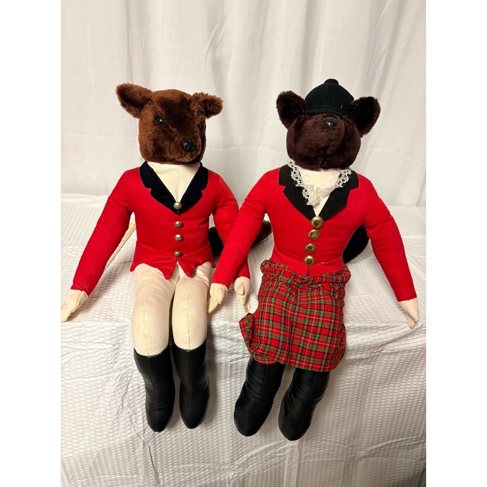 Mr & Mrs Fox Equestrian Hunt Plush Shelf Sitters Set AA Importing Co Vtg 22" Lrg